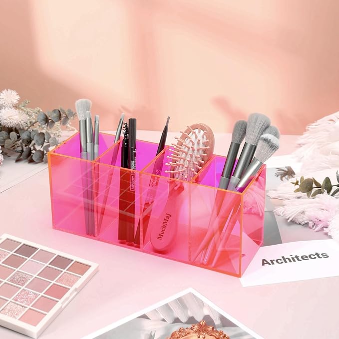 Pen Holder for Desk Neon Acrylic Pencil Holder Cup Makeup Brush Storage Organizer for Vanity, Neon Pink
