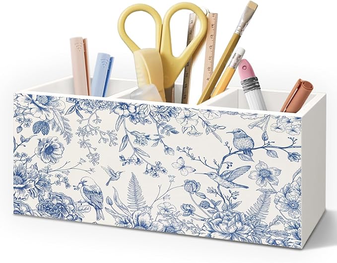 Chinoiserie Floarl Pen Holder for Home Office Desk, Vintage Home Decor, Chinoiserie Blue and White Floral Birds Makeup Brush Toothbrush Holder Organizer for Bathroom Desk Accessories