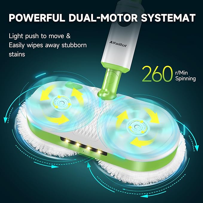AlfaBot Cordless Electric Mop for Floor Cleaning, Dual Spin Mop with LED Headlight /Water Spray/Self-Propelled,Clean up to 2700 ft²,Rechargeable Electric Mops with Big Water Tank for Multi Floors