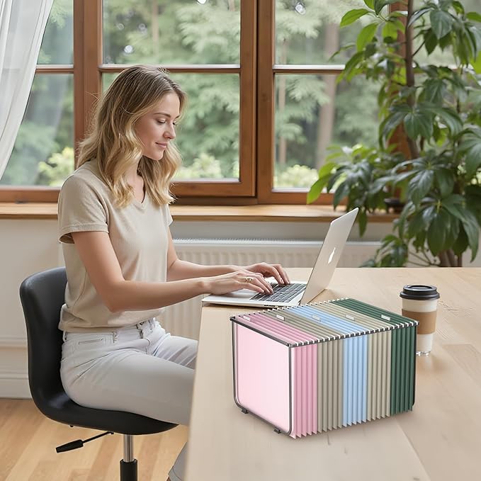 Hanging File Folders Letter Size, Metal File Frame with 25 Pcs Colored Hanging File Folders, 2'' Extension 1/5-Cut Tabs File Organizer Includes Hanging Folders for Desk Office Filing Cabinet