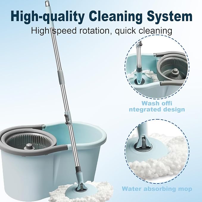 Spin Mop and Bucket Set, 360 Spin Mop and Bucket Stainless Steel,Floor Cleaning System,with 3 Replacement Heads (Blue-mini)