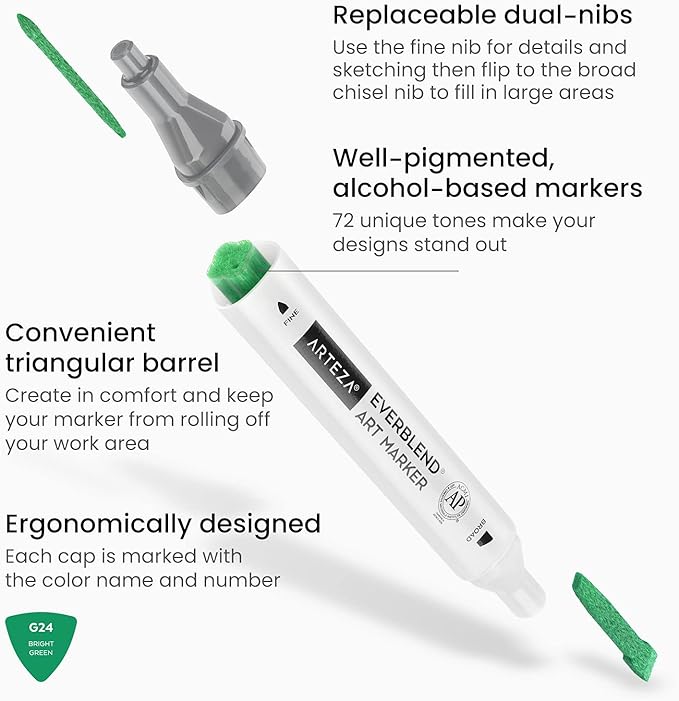 ARTEZA Art Alcohol Markers Set of 72 Colors, EverBlend Dual Tip Markers with Organizer Box, Fine and Broad Chisel Nib