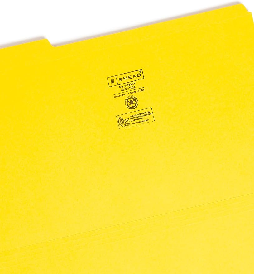 Smead File Folder, Reinforced 1/3-Cut Tab, Legal Size, Yellow, 100 per Box (17934)