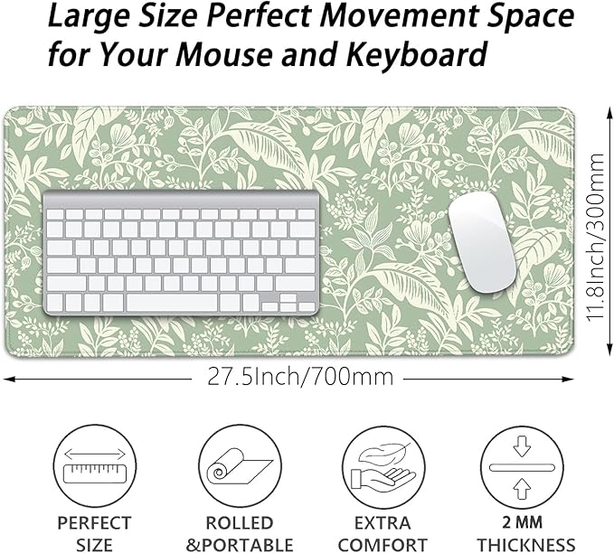 Green Plants Desk Pad Mouse Pad,Large Natural Fresh Mouse Mat with Stitched Edges,Non-Slip Rubber Base Elegant Mousepad for Office PC Keyboard Laptop and Home Work Desk Mat(27.5X11.8 in)