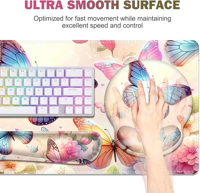 Gaming Mouse Pad, Large Desk Mat, Cute Desk Pad Protector, 4in1 XXL Mousepad + Keyboard Wrist Rest+Mouse Wrist Rest+Coaster Set with Ergonomic Desk Pad for Home Office PC Computer, Butterflies Flowers