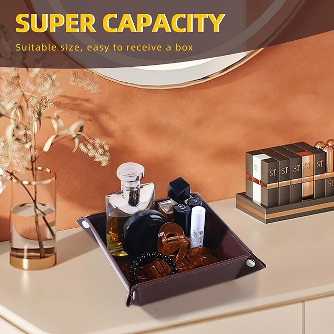 Leather Valet Tray for Men and Women - Jewelry Tray Nightstand Organizer - Bedside Vanity Tray - Dresser Catchall Tray - Desk Organizer and Storage for Keys, Phone, Wallet, Coin(Square)