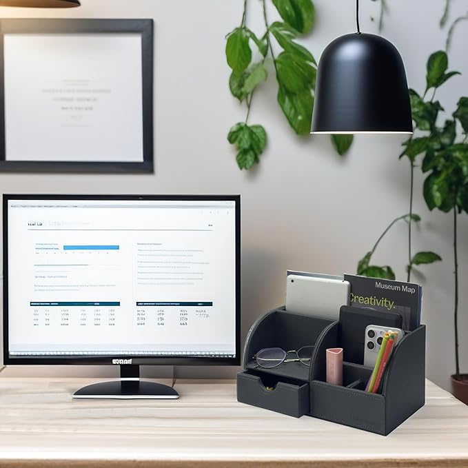UnionBasic Desk Organizer - Multifunctional Leather Desktop Pen Holder Storage Box - Business Card/Pen/Pencil/Mobile Phone/Stationery Holder, Dark Gray