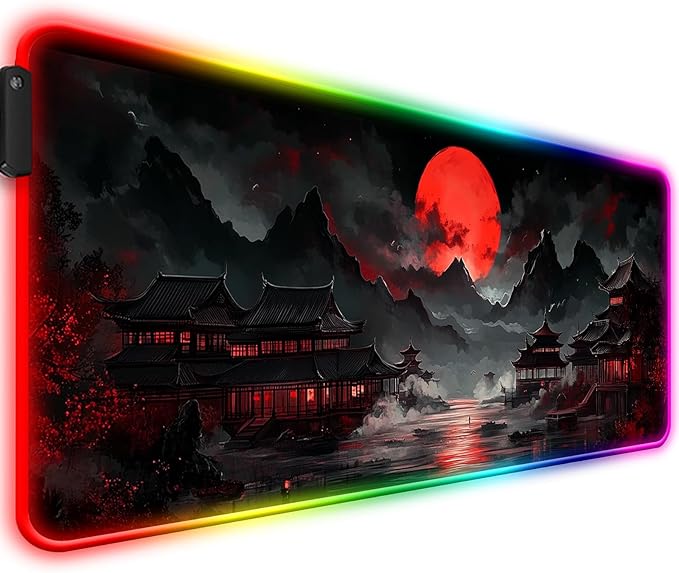 RGB Japanese Dreamy Lakescape Full Moon Gaming Desk Mat, Computer Keyboard Large Extended Long LED Mouse Pad for Office and Home, XL (W07)