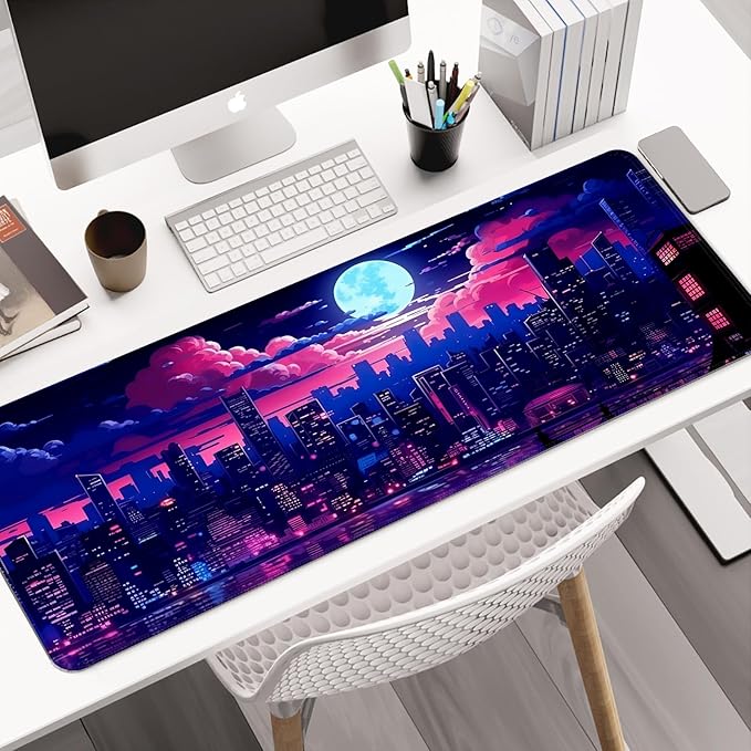 Purple City Night View Gaming Desk Mat, Extended Large Fantasy Anime Aesthetic Mouse Pad, Computer Keyboard Laptop Mousepad for Work, Office and Home, XL