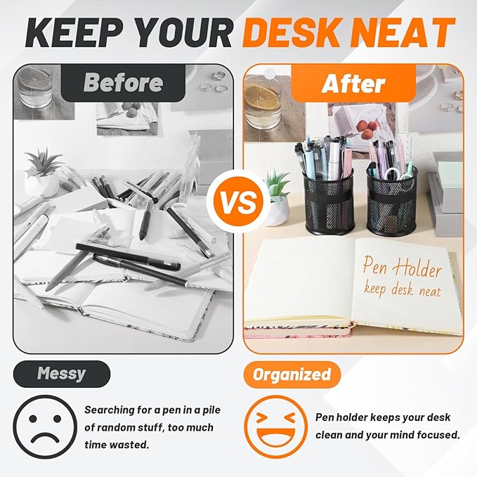 Segarty Pen Cups, 6 Pack Black Steel Mesh Desk Pen Pencil Holder, Round Pen Container Pencil Cups Desk Organizers for Home Office