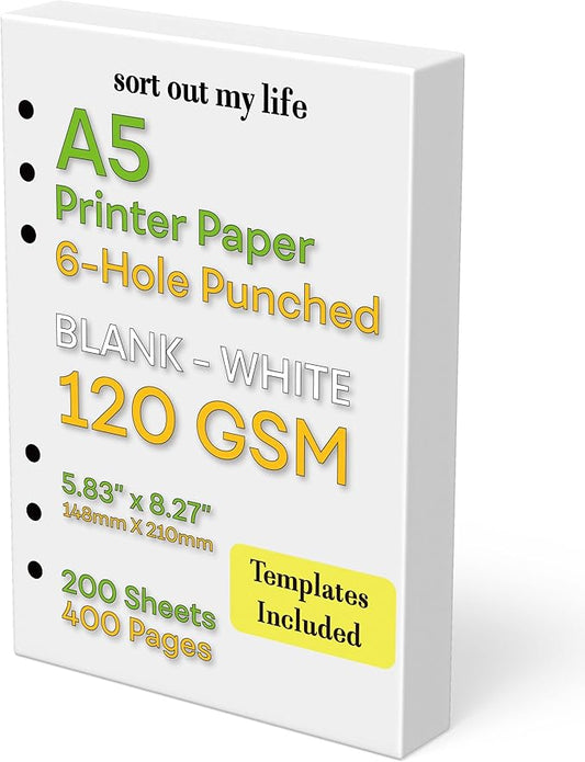 A5 Blank Paper, 120 GSM, 6-Hole Punched, 200 Sheets (400 Pages), Printer Paper 148 x 210 mm (5.83 in x 8.27 in)
