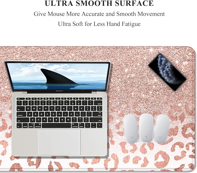 Auhoahsil Large Mouse Pad, XXL Desk Pad, Extened Mousepad 31.5" x 11.8", Non-Slip Rubber Base, Stitched Edges, Superior Surface, Gaming Keyboard Mat, Waterproof Desk Pad, Pink Gold Leopard