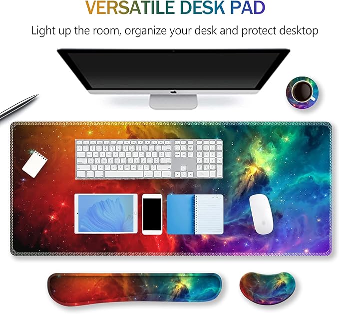 ARTSO Extended Gaming Mouse Pad Set, Keyboard Wrist Rest Support Pad + Wrist Cushion + XXL Large Mouse Pad + Coaster, Stitched Edge, Non-Slip, Memory Foam Desk Mat, Color Nebula Galaxy