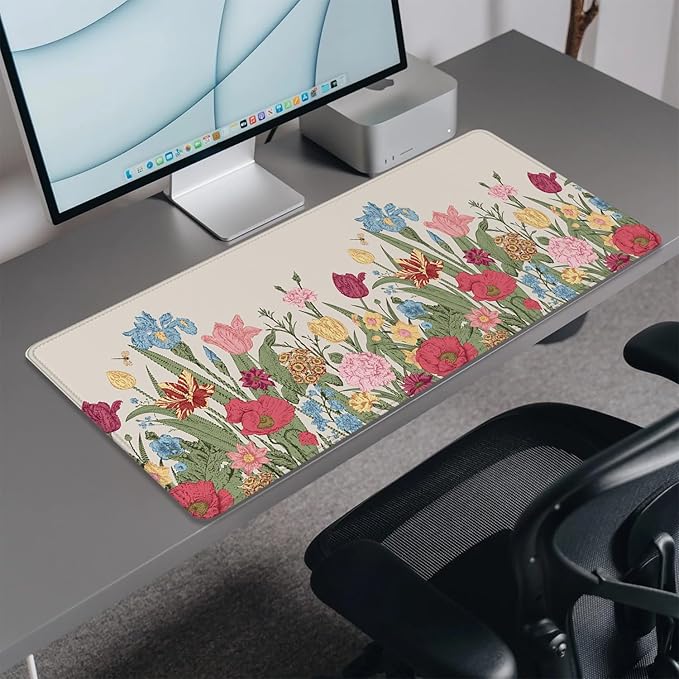 Spring Flowers Desk Pad Mouse Pad,Large Gaming Colorful Floral Mouse Mat with Stitched Edges,Non-Slip Waterproof Rubber Base Mousepad for Office Work Home Desk Mat(27.5X11.8 in)