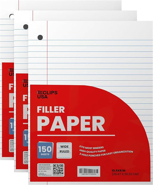 Wide Ruled Notebook Paper, Loose Leaf Paper, 10.5” x 8” Filler Paper, 56 gsm, 450 Sheets,150 Sheet Per Pack (3 Pack)