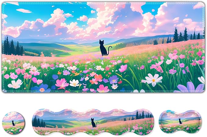 ARTSO Keyboard Wrist Rest Large Mouse Pad Wrist Support, 4 in 1 Memory Foam Keyboard Pad Desk Mat Set, Ergonomic Wrist Rest Cushion for Home Office Gaming-Cat and Flower Sea