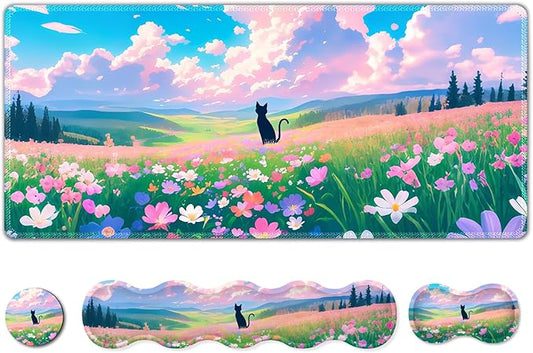 ARTSO Keyboard Wrist Rest Large Mouse Pad Wrist Support, 4 in 1 Memory Foam Keyboard Pad Desk Mat Set, Ergonomic Wrist Rest Cushion for Home Office Gaming-Cat and Flower Sea