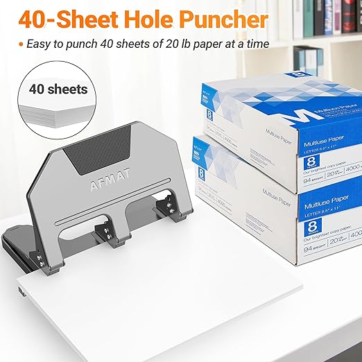 AFMAT HPX3 Heavy Duty 3 Hole Punch, 40-Sheet 3 Hole Puncher for Binder, Metal Three Hole Punch w/ 10,000+ Uses, 50% Reduced Effort, Bulit-in S.S. Paper Guide, Large Chip Tray, Gray