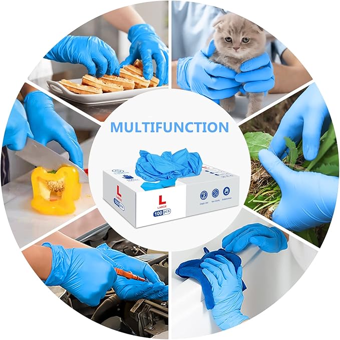squish Disposable Gloves, Blue 4 mil Vinyl Synmax Blend Exam Gloves Non Sterile, Powder Free, Latex Free - Cleaning Supplies, Kitchen and Food Safe(Pack of 100) (Blue Large)