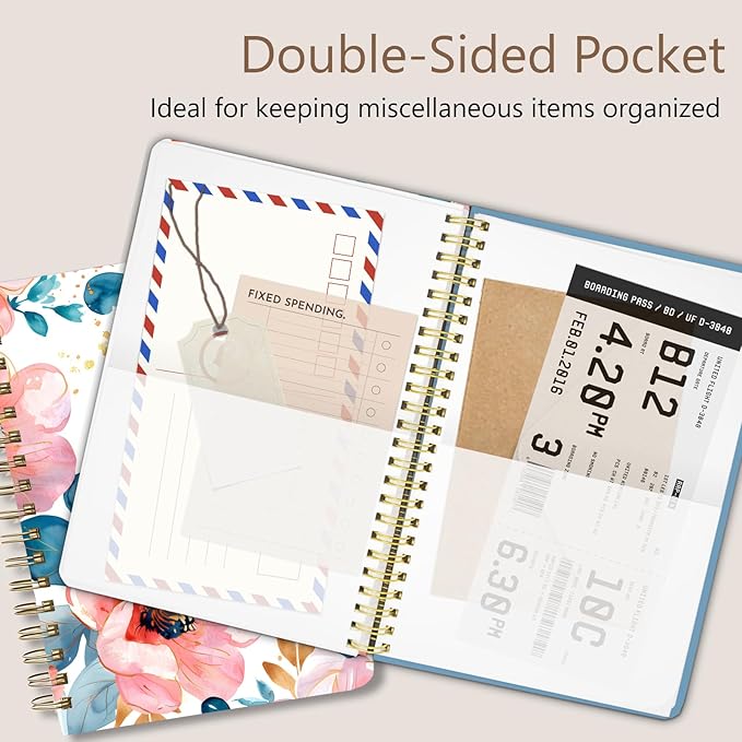 Cute Spiral Notebook journal A5 Aesthetic Pretty Floral Design for Women Girls Kawaii with Pocket, 8.5 x 5.7 inch, Pink Peony