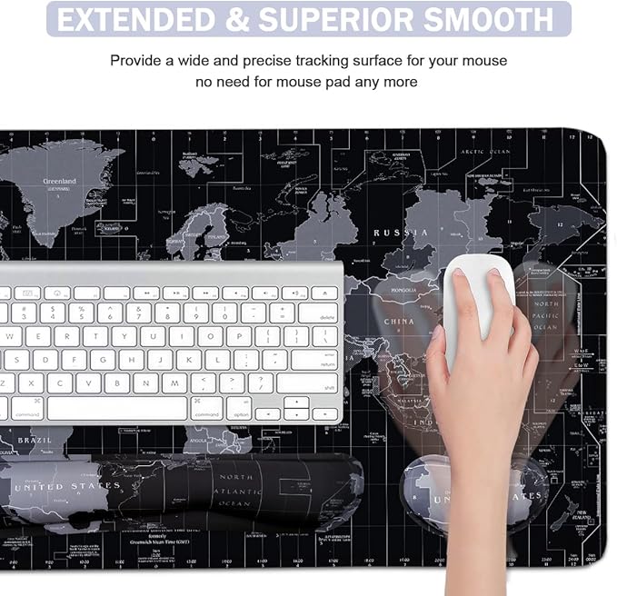 Large Mouse Pad Set, Cute Extended Mouse Pad+Keyboard Wrist Rest Support Desk Pad Memory Foam Ergonomic Easy Typing, 35.4×15.7 in Desk Mat Set for Home Office Study Game - World Map