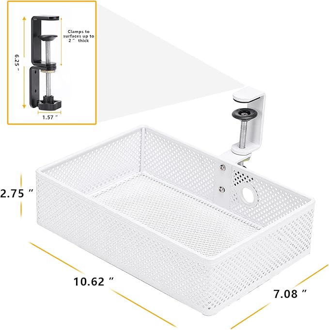 Mesh Desk Organizer and Clamp-on Swivel Pencil Drawer, Desk Hidden Desk Organizer Extra Sturdy C-Clamp Mount System and Easy to Instal, Home Office Art Supply Storage Box (White)