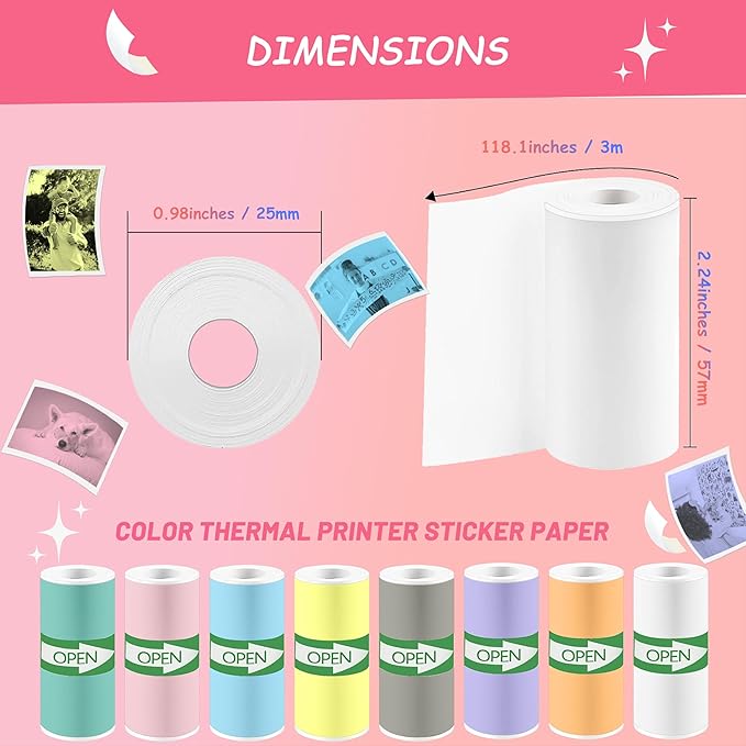 10 Rolls Colorful Mini Thermal Printer Sticker Paper, 57x25mm, High-Contrast Sticker Paper for Mini Pocket Printer, BPA-Free
