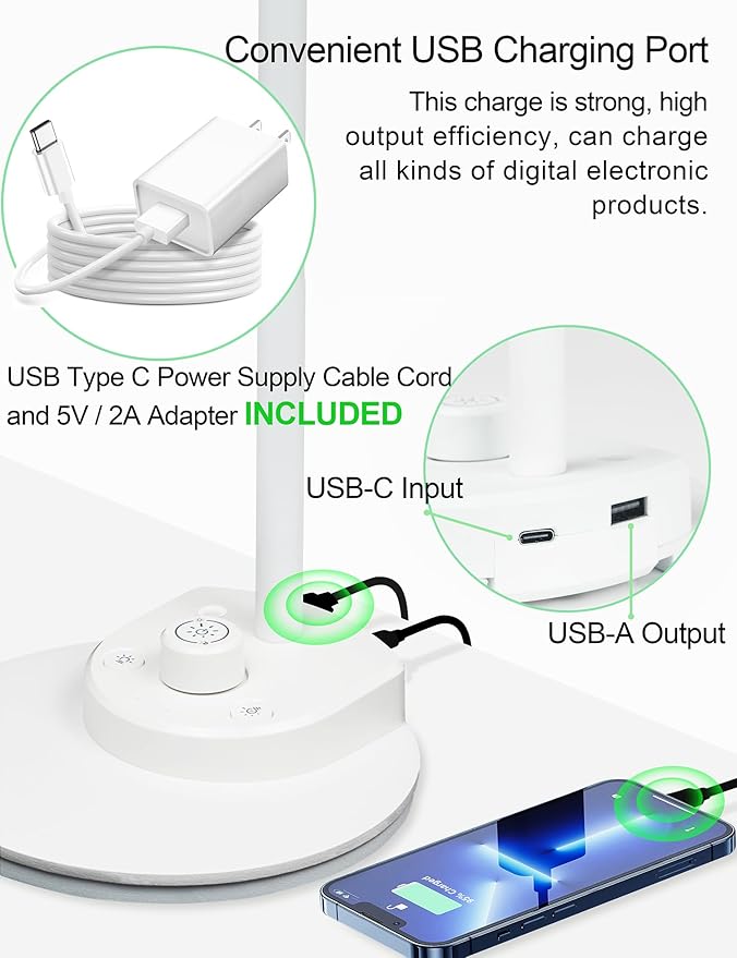 BOHON LED Desk Lamp with USB Charging Port, 3 Color Modes Dimmable Reading Lamp, Auto Dimming Task Lamp, Flexible Gooseneck Table Light for Dorm Bedside, Adapter Include, White