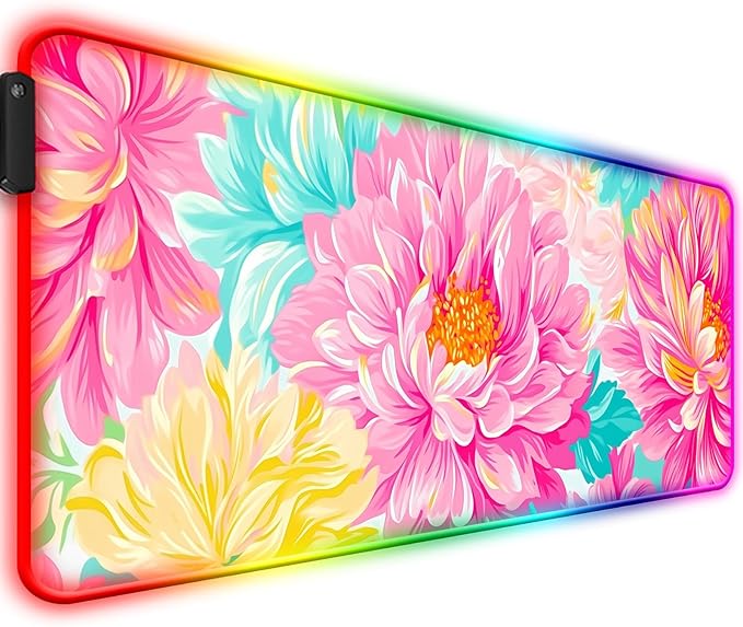 RGB Pink Flower Gaming Desk Mat, Computer Keyboard Large Extended Long Floral LED Mouse Pad for Office and Home, XL (W29)