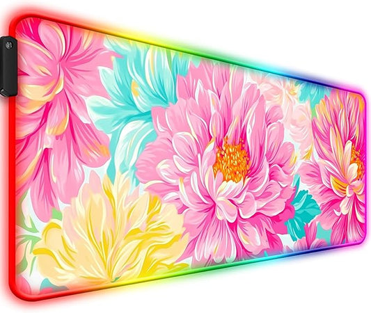 RGB Pink Flower Gaming Desk Mat, Computer Keyboard Large Extended Long Floral LED Mouse Pad for Office and Home, XL (W29)