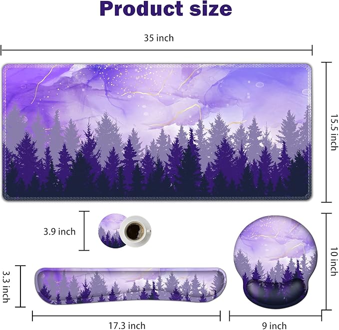 ARTSO Large Mouse Pad Ergonomic Keyboard Wrist Rest Support Combo, Memory Foam Gel Desk Mat Protector, Non-Slip Desk Blotter for Office, Home, Purple Forest
