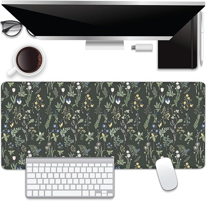 Green Plants Flowers Desk Pad Mouse Pad,Large Floral Mouse Mat with Stitched Edges,Non-Slip Rubber Base Elegant Mousepad for Office PC Keyboard Laptop and Home Work Desk Mat(27.5X11.8 in)