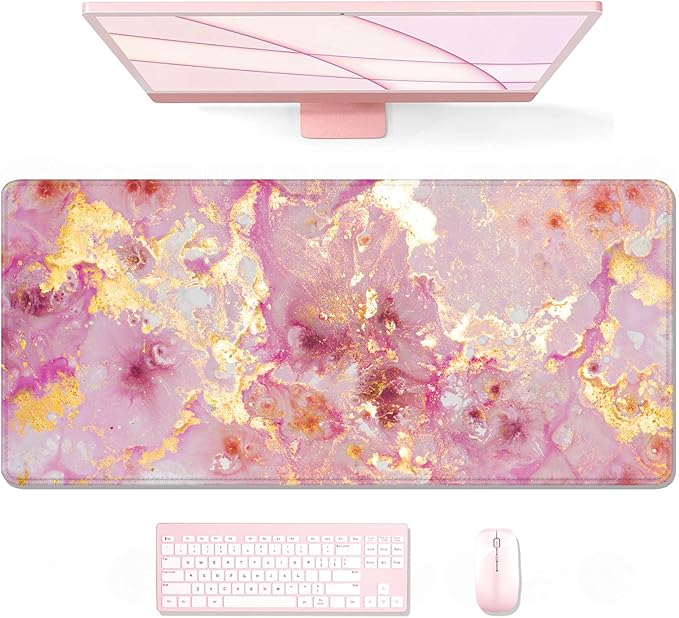 Auhoahsil Large Mouse Pad, XXL Gaming Mousepad, Desk Mat for Desktop, Thick Rubber, Big & Long Size, Stitched Edges, Full Desk Pad for Laptop & Computer, Extended 31.5 x 11.8 in, Pink Gold Marble
