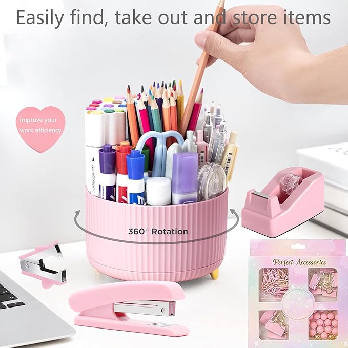 Office Supplies,Desk Accessories,with Stapler,Tape Dispenser,Staple Remover,Scissor,Ballpoint Pen,Sticky Notes,Clear Tape,Staples,Desk Organizer,Ruler,Binder,Best Gift Set(Pink)