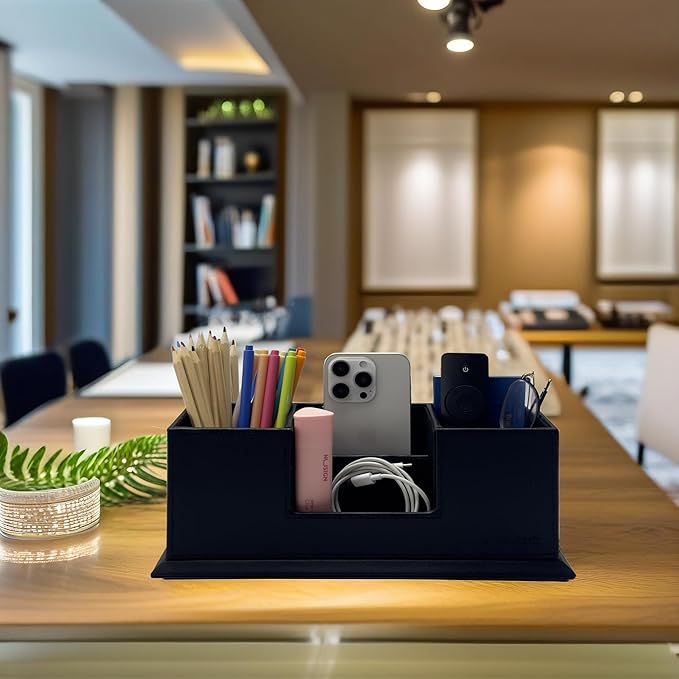 UnionBasic Desk Organizer, Desktop Caddy Leather Multi-compartment Pen Holder Office Stationer Organizer, Black