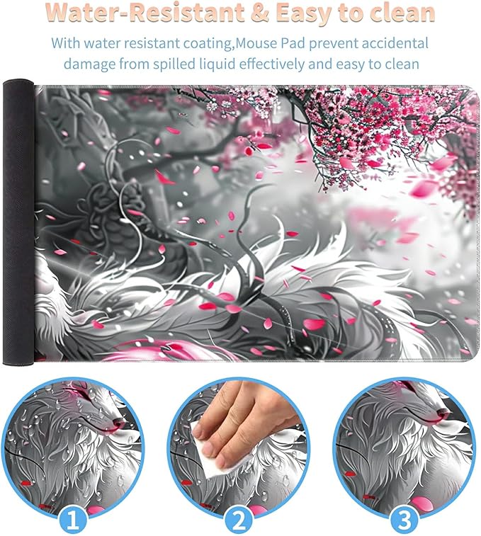 Desk Mat Large Gaming Mouse Pad (31.5x11.8 inch) with Stitched Edges, XL Mouse Pad +Coaster, Extended Mouse Mat Keybroad Mousepad Non-Slip Rubber for Gamer Men Women, White Fox