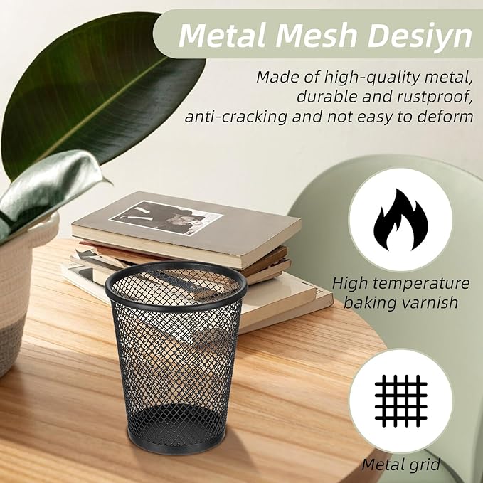 15Pcs Pen Holder for Desk, Black Mesh Pencil Cup Holder for Desk, Round Mesh Pen Holders, Makeup Brush Holders Pens Cup Bulks for Home & Office