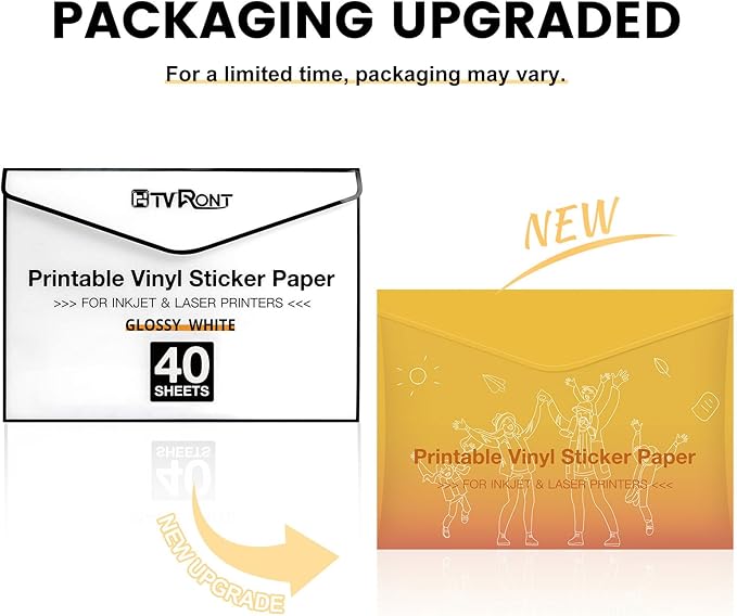 HTVRONT Printable Vinyl for Inkjet Printer & Laser Printer - 40 Pcs Glossy White Waterproof Printable Vinyl Sticker Paper, 8.5"x11"