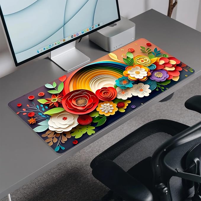 Rainbow Spring Flowers Desk Pad Mouse Pad,Floral Prints Extended Large Gaming Mouse Mat with Stitched Edges,Non-Slip Waterproof Rubber Base Mousepad for Office Work Home Desk Mat(27.5X11.8 in)