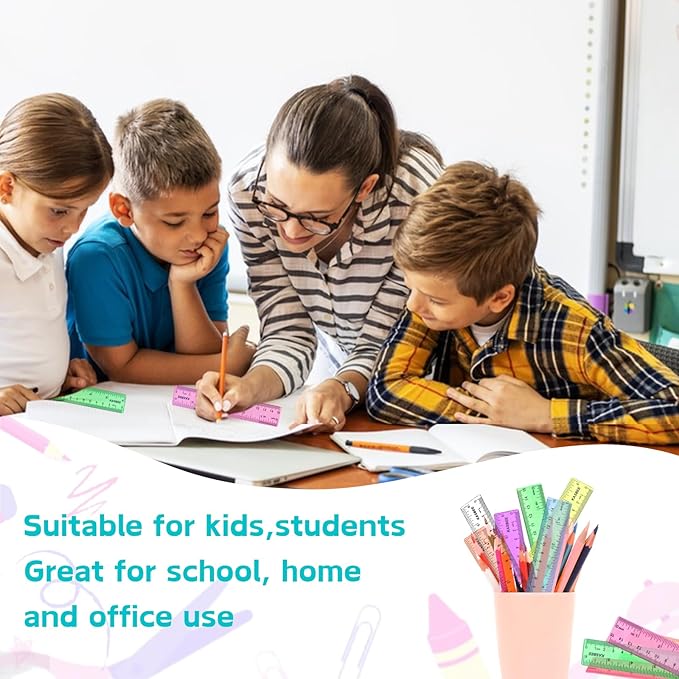 6 Inch Rulers, Colored Clear Rulers, Centimeters and Inches, Plastic Ruler for Kids, School, Home, Office, Pack of 7
