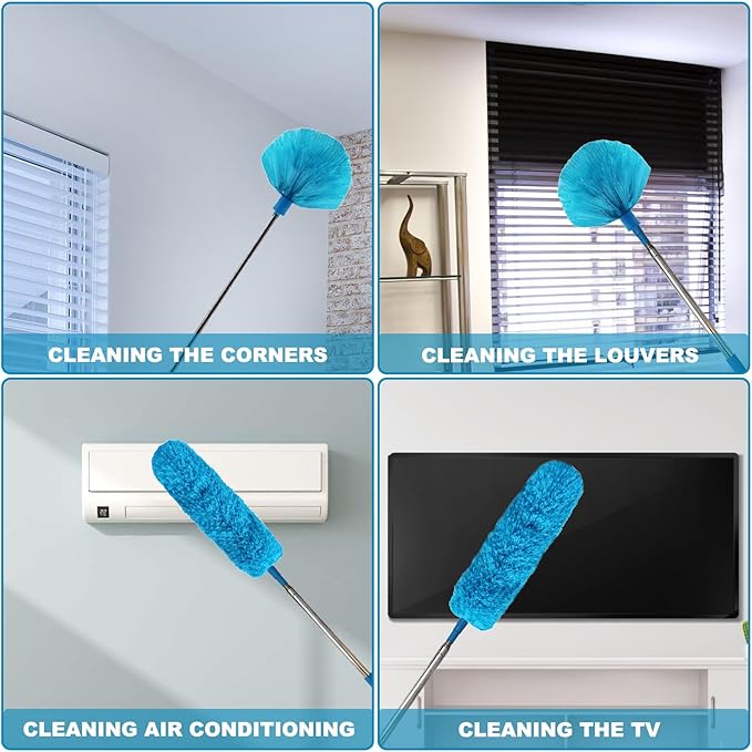 100 Inch Cobweb Duster, Spider Web Brush & Microfiber Feather Duster with 100" Extension Pole, Bendable Head, Scratch-Resistant Cover, Washable Duster for Home Ceiling, Fan, Furniture (Blue)