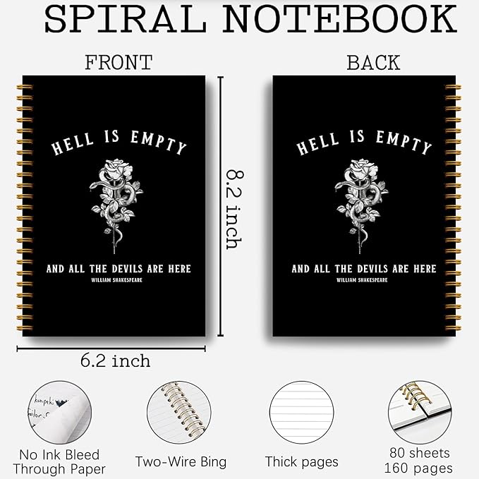 Hell is Empty Shakespeare Quote Dark Academia Aesthetic Notebook Journal, Gothic Floral Snake Notebook Journal, Gothic Gifts for Women, Goth Office Supplies, Spiral Notebook 5.5x8.3 Inch