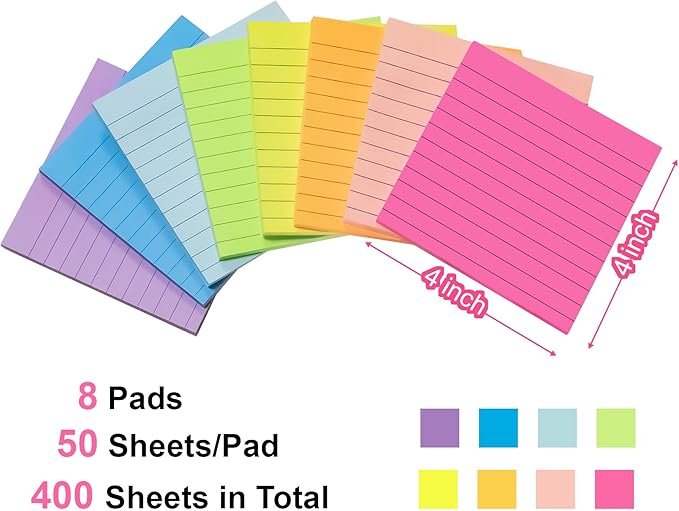 Lined Sticky Notes, 8 Pads 4x4 Sticky Notes Self-Stick Note Pad Its Bright Post Colorful Stickies for Office Home School Meeting