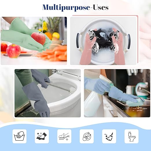 Rubber Kitchen Dishwashing Gloves - 3 Pairs Reusable Household Cleaning Gloves, Flexible and Durable & Non-slip Cleaning Gloves, Great for Kitchen, Bathroom, Laundry (Large, Pink+Blue+Grey)