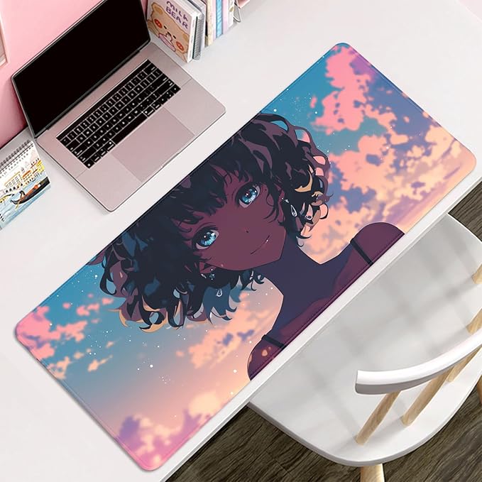 Anime Black Girl Extended Mouse Pad Desk Mats on Top of Desks Gaming Pad Large Mousepad with Stitched Edge Non-Slip Rubber Base for Computer Keyboard Laptop PC (27.5X11.8 in)