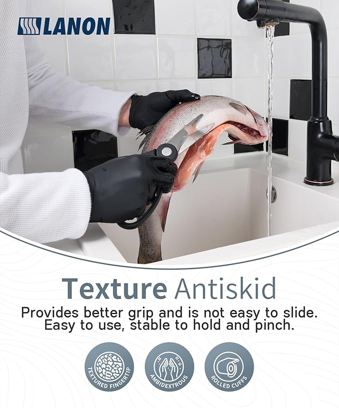 LANON Food Safe Disposable Nitrile Gloves, Latex-Free, Powder-Free, Silicone-Free, Textured Fingertips, Cooking, Black，Large