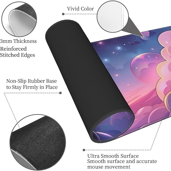 Pastel Pink Space Gaming Mouse Mat Extended Large XL Mouse Pad Desk Mat Non-Slip Rubber Mice Pads Stitched Edges for Office and Home,31.5 X 11.8 X 0.12 Inches