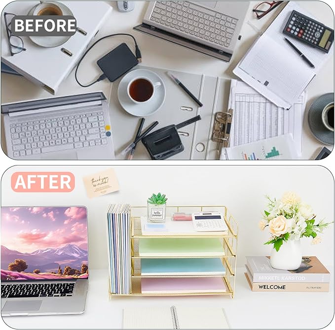 OPNCIE Desk Organizers and Accessories, 4 Tier Paper Letter Tray File Organizer, Desk Accessories Workspace Desktop Organizer for Classroom Office Supplies, Gold