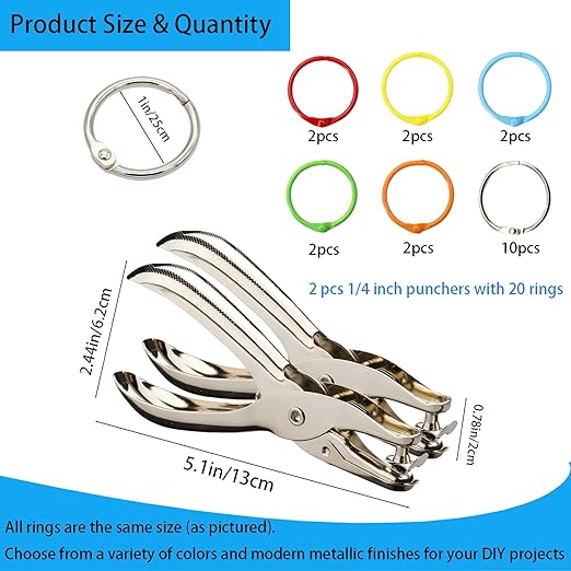 2 PCS Hole Punch 1/4inch Single Hole Punch with 20 Pcs Binder Rings,Small One Hole Paper Punch for DIY Crafts,Flash Cards,Gift Tags,Tickets,Hole Puncher Single for Home,Office,School