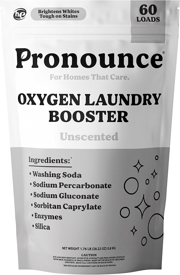 Pronounce Oxygen Laundry Booster with Enzymes - Brightens White & Tough on Stains, Fights Odor. Stain Remover, Cleaner Ingredients, Fragrance Free - Ultra Concentrated, HE - 60 Loads (Unscented)
